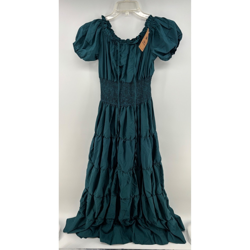 Fashion Costumes Maxi Dress Womens M Teal Green Poly Spandex Boho Smocked Tiered
